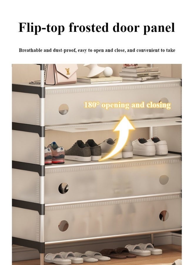 رف معدني للمعاطف والأحذية - منظم تخزين كبير للمدخل مع مساحة لتعليق المعاطف والسترات والحقائب، ورف أحذية من 5 طبقات للأحذية والأحذية الطويلة والشباشب، حل تخزين منزلي عملي وأنيق - Image 3